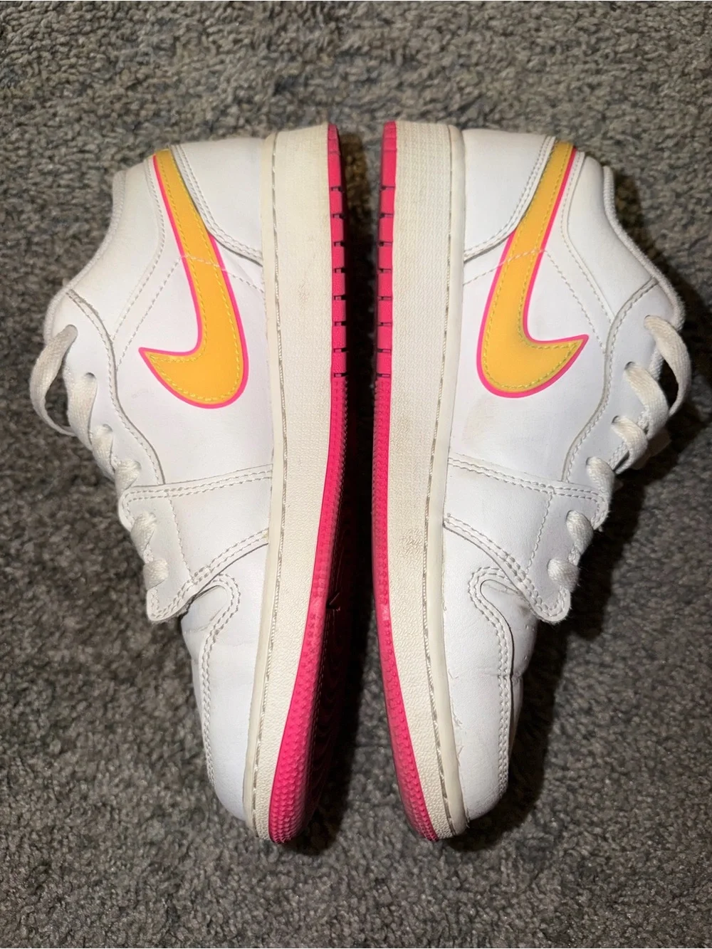 Nike Kids White Sneakers with Pink Outsole & Yellow Swoosh